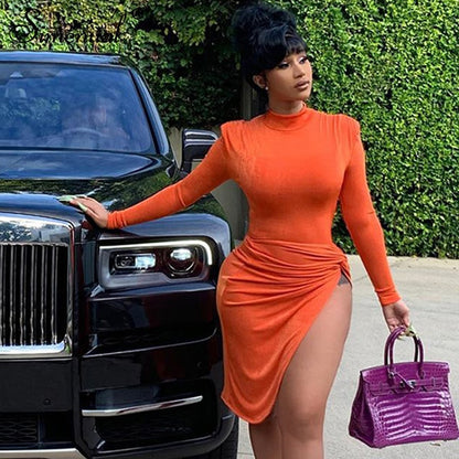 Simenual Wrap Side Split Bodycon Midi Dresses Long Sleeve for Women Fall 2020 Clothing Solid Night Partywear Skinny Dress Autumn