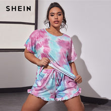 Load image into Gallery viewer, SHEIN Plus Size Tie Dye Round Neck Tee and Frill Trim Shorts Pajama Sets Women Summer Sleepwear Loungewear Casual Plus PJ Set
