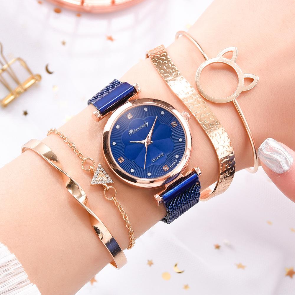 Elegant Lady Watches Bralcet Gift Wristwatch for Women 5 PCS Set Casual Fashion Rose Gold Female Wristwatch Gift