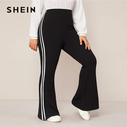 SHEIN Plus Size Black Striped Side Flare Leg Joggers Women Spring Autumn Pants High Waist Sporting Long Trousers