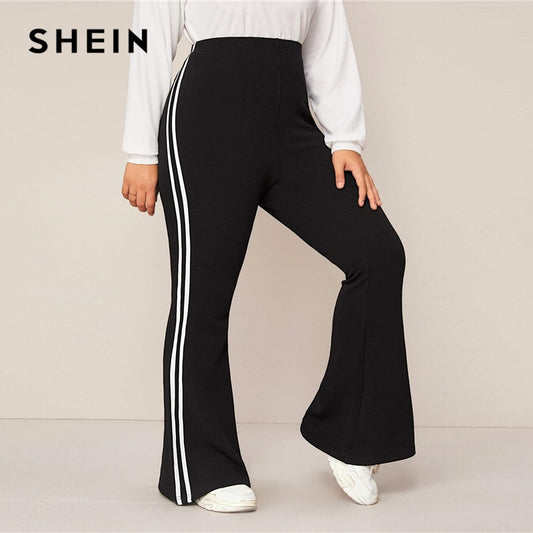 SHEIN Plus Size Black Striped Side Flare Leg Joggers Women Spring Autumn Pants High Waist Sporting Long Trousers