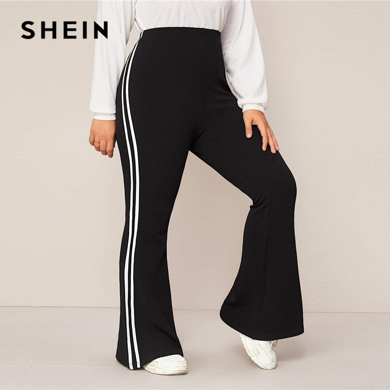 SHEIN Plus Size Black Striped Side Flare Leg Joggers Women Spring Autumn Pants High Waist Sporting Long Trousers