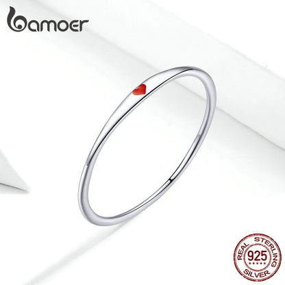 Bamoer Sterling Silver 925 Tiny Red Enamel Heart Finger Rings for Women Circle Slim Fashion Jewelry Bijoux 2019 New SCR620