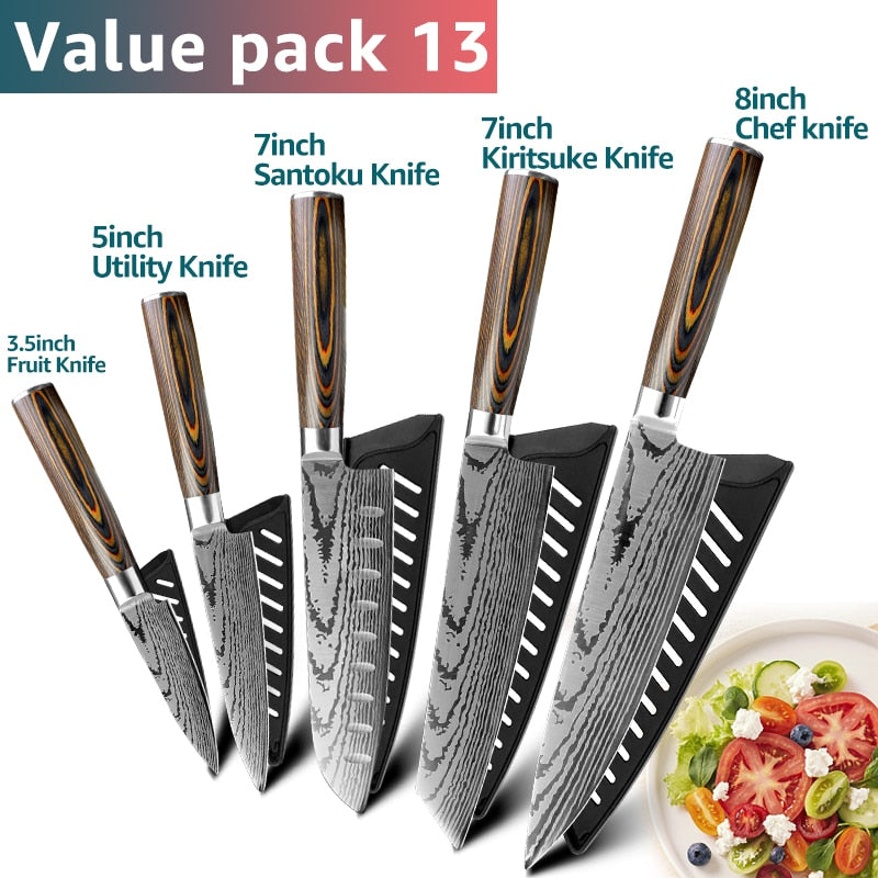 Kitchen knife Japanese Chef Knives 7CR17 440C Stainless Steel Imitation Damascus Knife Meat Cleaver Slicer Santoku Cutter Set