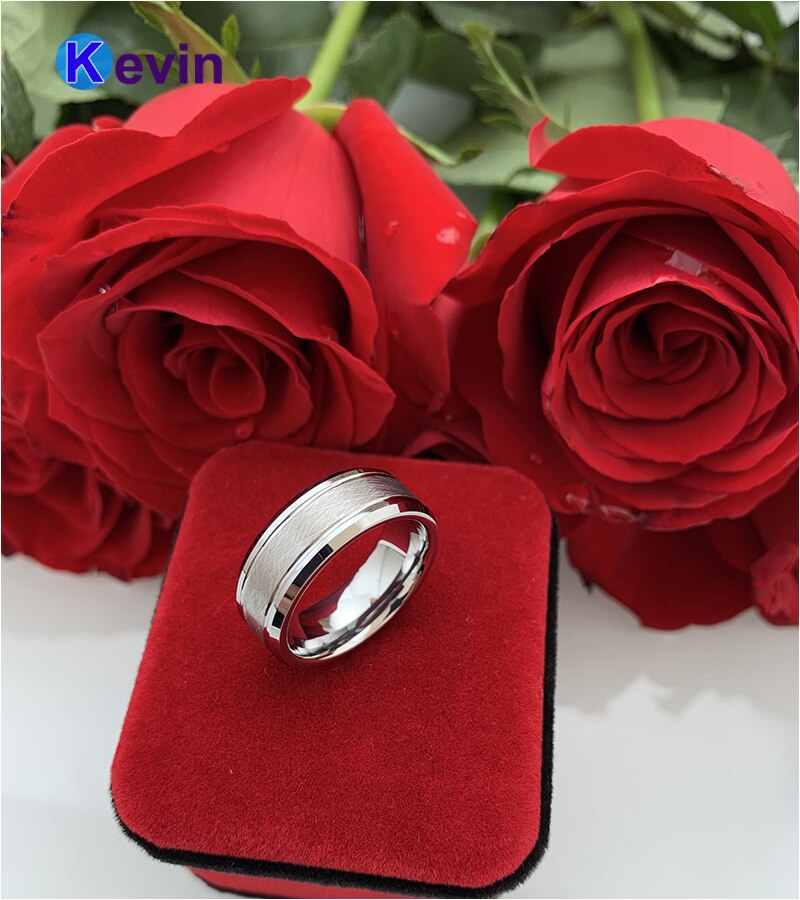 Men Women Tungsten Wedding Band Ring With Bevel Brush Groove Finish 8MM Comfort Fit