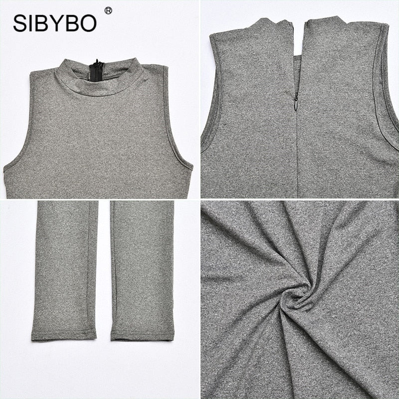 Sibybo Sleeveless Skinny Summer Rompers Womens Jumpsuit O-Neck Invisible Zipper Sexy Jumpsuit Women Solid Sport Casual Overalls
