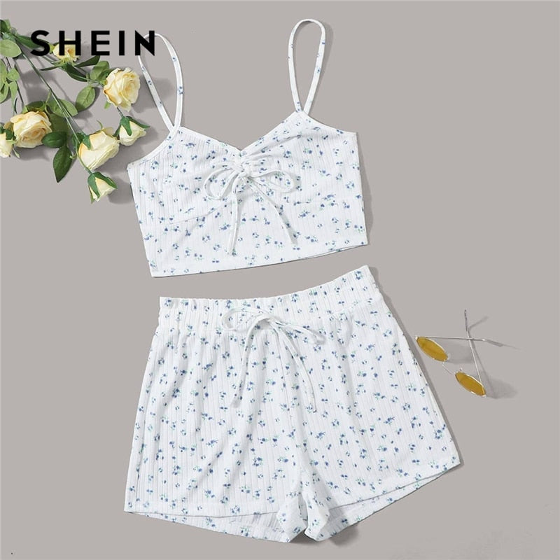 SHEIN White Ruched Knot Front Ditsy Floral Crop Cami Top and Shorts PJ Set Women Summer Rib-Knit Sleepwear Casual Pajama Sets