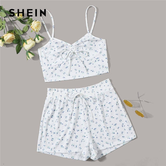 SHEIN White Ruched Knot Front Ditsy Floral Crop Cami Top and Shorts PJ Set Women Summer Rib-Knit Sleepwear Casual Pajama Sets