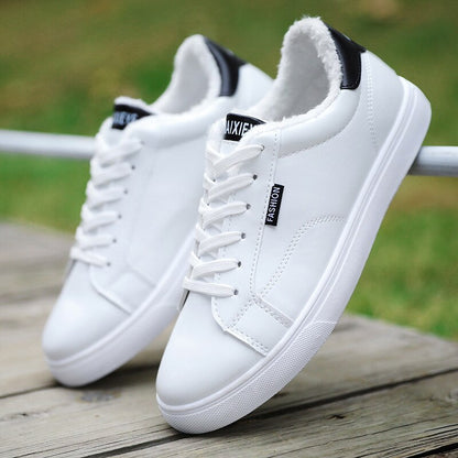Men's White Sneakers Plus Velvet Warm Winter Shoes For Men Shoes Casual Lace Up PU Leather Ankle Boots
