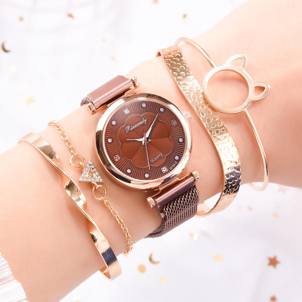 Elegant Lady Watches Bralcet Gift Wristwatch for Women 5 PCS Set Casual Fashion Rose Gold Female Wristwatch Gift