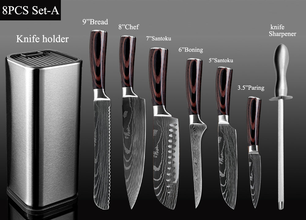 XITUO Kitchen Chef Set Knife Stainless Steel Knife Holder Santoku Utility Cut Cleaver Bread Paring Knives Scissors Cooking Tools
