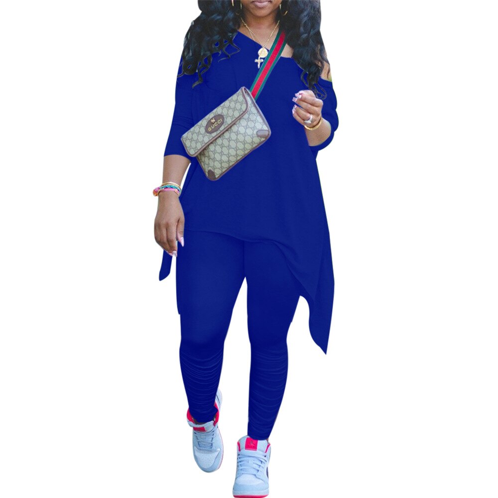 CM.YAYA Women Off Shoulder Irregular Long Sleeve Tops Stacked Pants Suit Active Wear Tracksuit Two Piece Set Fitness Outfits