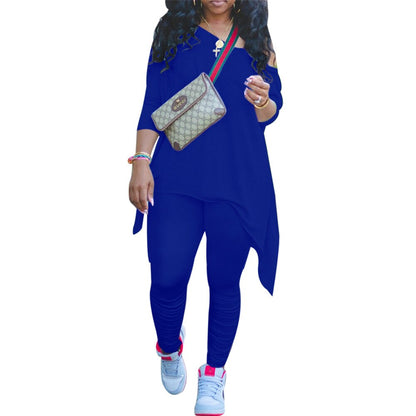 CM.YAYA Women Off Shoulder Irregular Long Sleeve Tops Stacked Pants Suit Active Wear Tracksuit Two Piece Set Fitness Outfits
