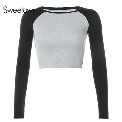 Sweetown 2020 Autumn Contrast Color Basic Crop Top Shirt Long Sleeve Streetwear Women Casual Slim Cute Kawaii T-Shirt Harajuku