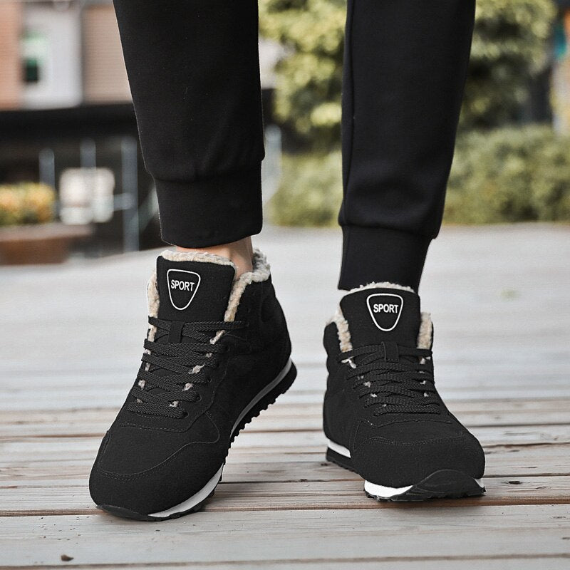Winter Men Shoes Black Sneakers Keep Warm Fur Lace Up Ankle Boots Short Plush Men's Snow Boots Winter Work Shoes Hombre Botas