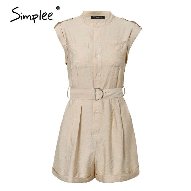 Simplee Casual sash belt women playsuit Sleeveless buttons pockets female rompers jumpsuit Spring summer elegant ladies overalls