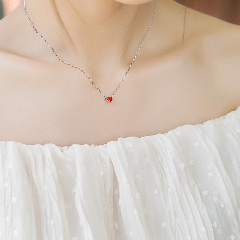 Fresh Sweet Cute Heart Red Clavicle Chain 925 Sterling Silver Temperament Personality Fashion Female Necklace