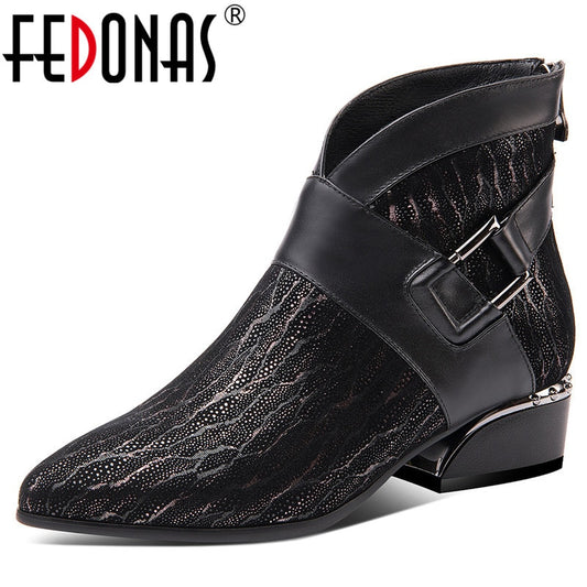 FEDONAS Prints SheepSkin High Heels Elegant Chelsea Boots Autumn Winter Vintage Women Ankle Boots Party Dancing Shoes Woman