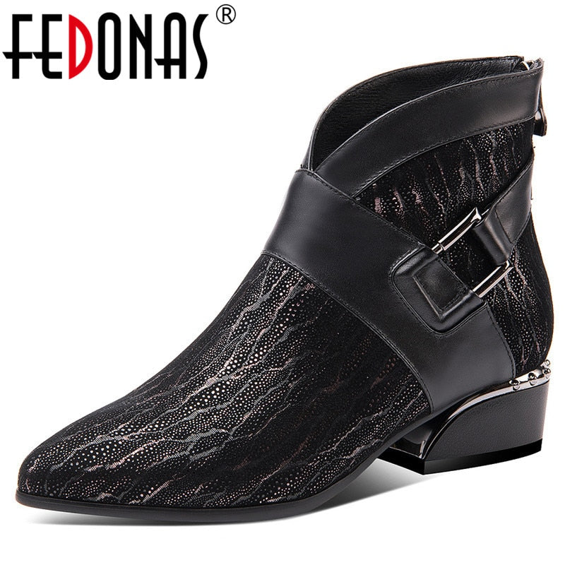 FEDONAS Prints SheepSkin High Heels Elegant Chelsea Boots Autumn Winter Vintage Women Ankle Boots Party Dancing Shoes Woman