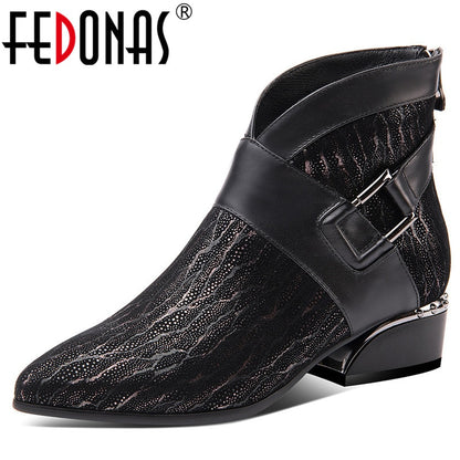 FEDONAS Prints SheepSkin High Heels Elegant Chelsea Boots Autumn Winter Vintage Women Ankle Boots Party Dancing Shoes Woman