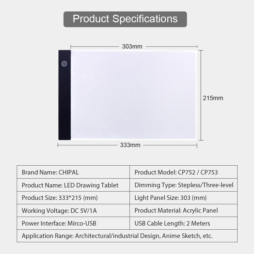 CHIPAL A4 LED Drawing Tablet Digital Graphics Pad USB LED Light Box Copy Board Electronic Art Graphic Painting Writing Table