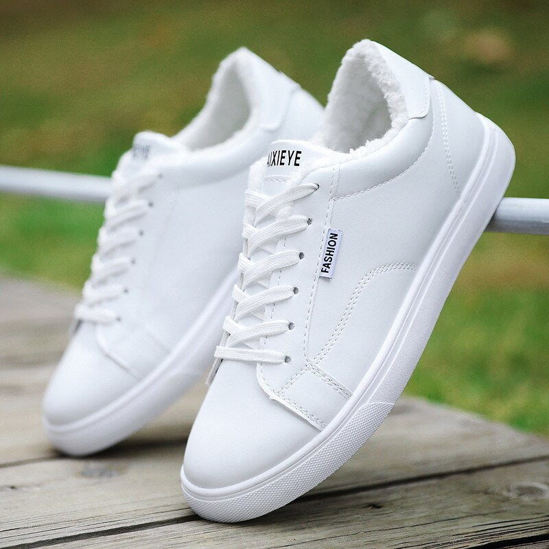 Men's White Sneakers Plus Velvet Warm Winter Shoes For Men Shoes Casual Lace Up PU Leather Ankle Boots