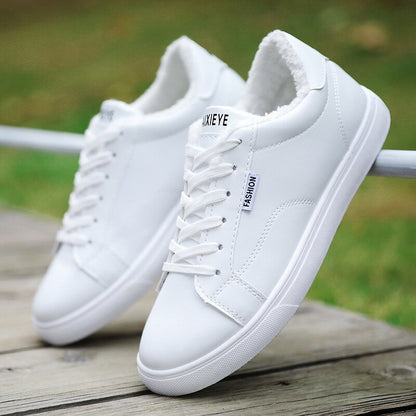 Men's White Sneakers Plus Velvet Warm Winter Shoes For Men Shoes Casual Lace Up PU Leather Ankle Boots
