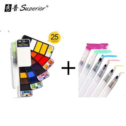 Superior Solid Watercolor Paint With 6Pcs Water Brush Pen Foldable Travel Water Color Pigment