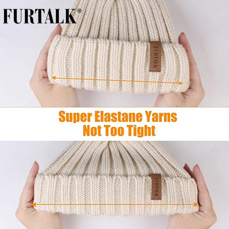 Furtalk Real Fur pompom Beanie Hat Women Winter Knitted Hat Warm Real Big Raccoon Pom Pom Hat for Female