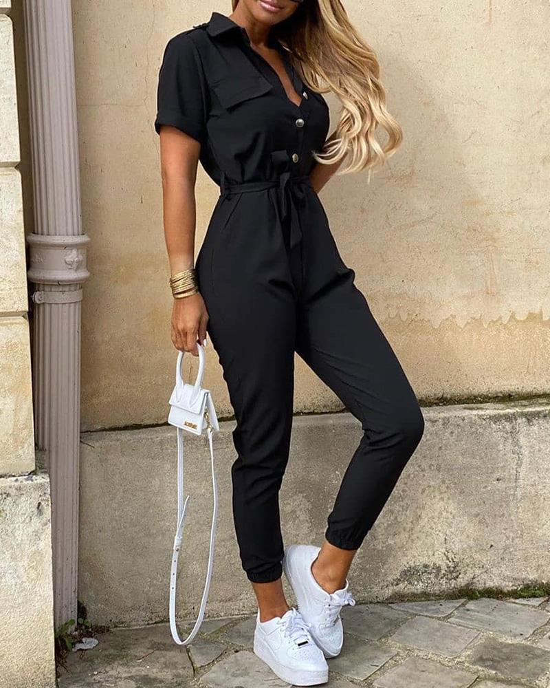 Women Casual Solid Color Jumpsuit 2020 Summer Deep V Neck Button Shirt Overalls Short Sleeve Office Lady One Piece Romper Belt