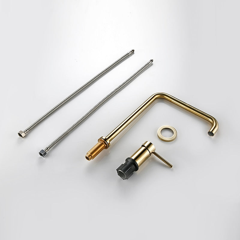 Brush Gold Sdolid Brass Single Handle Kitchen Mixer Tap 360 Degree Swivel Spout Brushed Gold 2 hole Deck Mounted Sink Faucet