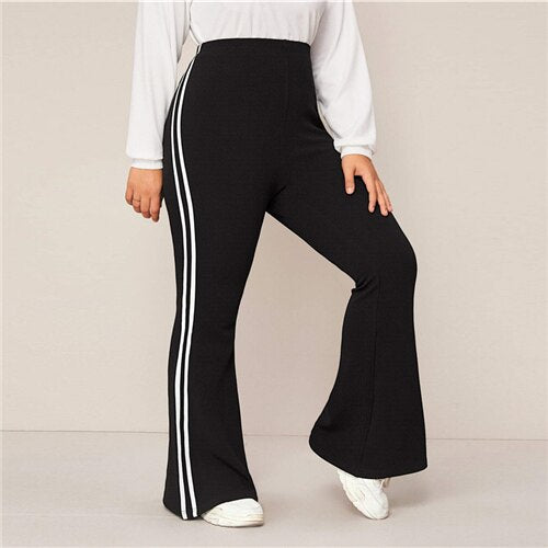 SHEIN Plus Size Black Striped Side Flare Leg Joggers Women Spring Autumn Pants High Waist Sporting Long Trousers