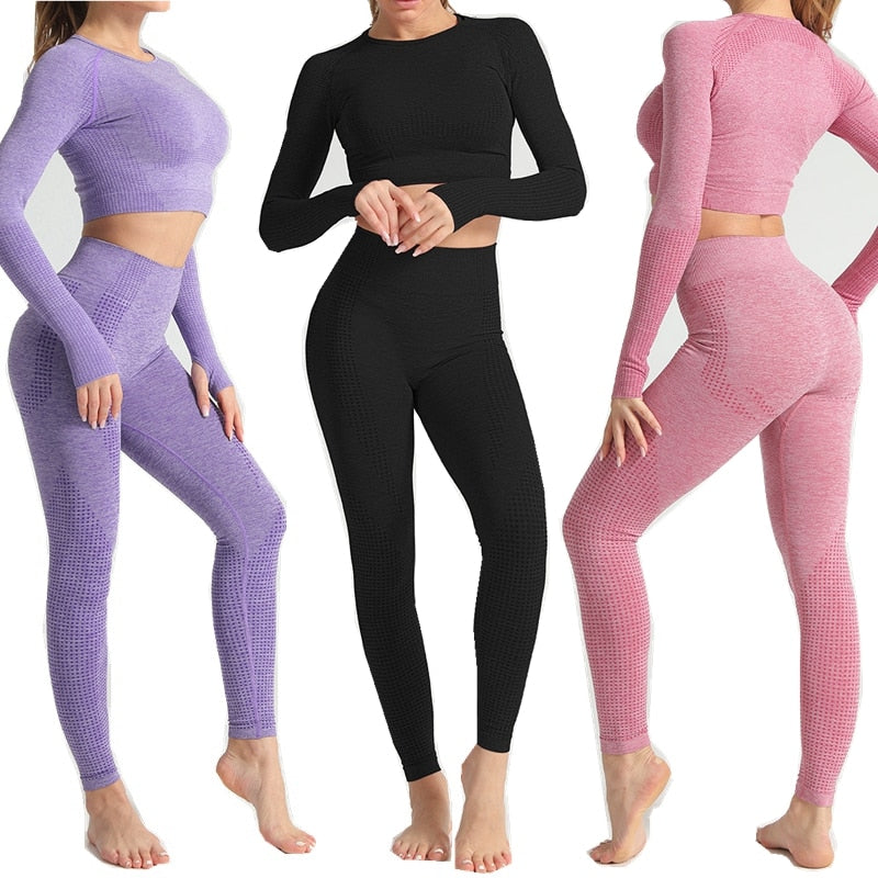 Women Seamless yoga set Fitness Sports Suits GYM Cloth Yoga Long Sleeve Shirts High Waist Running Leggings Workout Pants Shirts