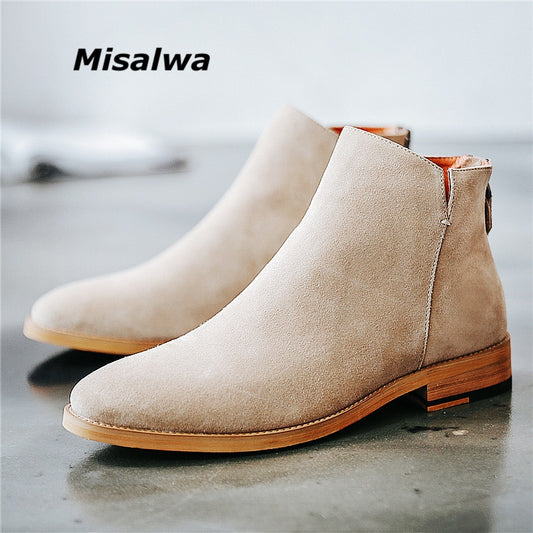 Misalwa Vintage Basic Sand Color Men Suede Chelsea Boots Natural Leather Zip Pointed Toe Formal Ankle Boots Men Wood Sole