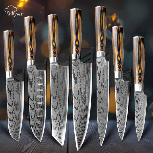 Kitchen knife Japanese Chef Knives 7CR17 440C Stainless Steel Imitation Damascus Knife Meat Cleaver Slicer Santoku Cutter Set
