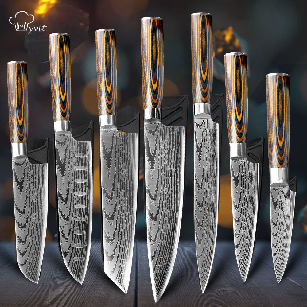 Kitchen knife Japanese Chef Knives 7CR17 440C Stainless Steel Imitation Damascus Knife Meat Cleaver Slicer Santoku Cutter Set