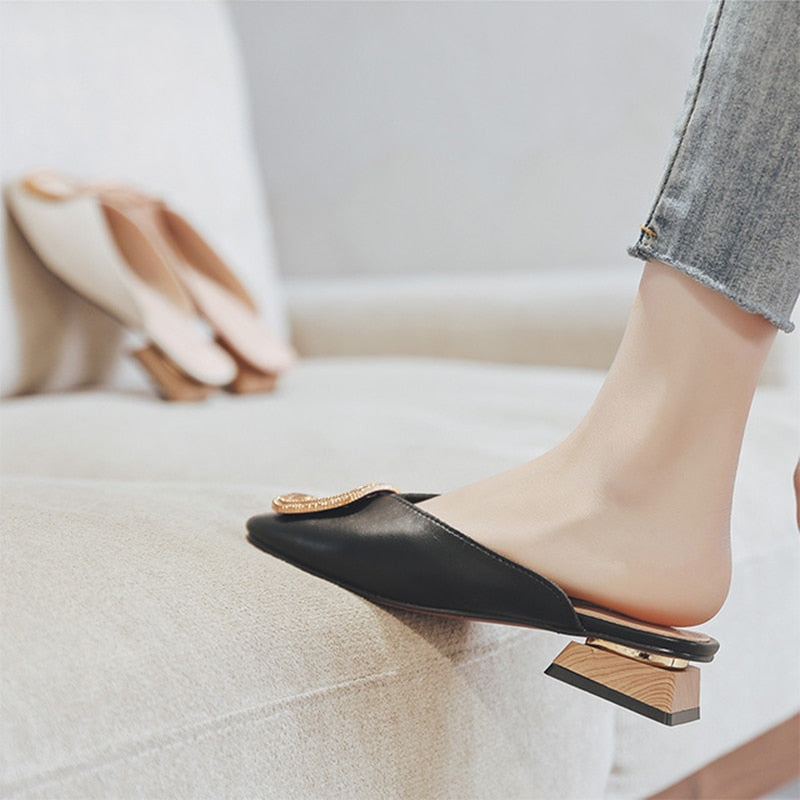 Women Summer Slip On PU Slippers Ladies Square Toe Cone Heels Slipper Woman Fashion Metal Decoration Casual Female Party Sandal