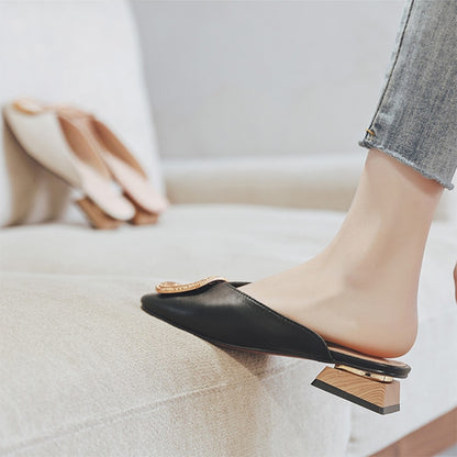 Women Summer Slip On PU Slippers Ladies Square Toe Cone Heels Slipper Woman Fashion Metal Decoration Casual Female Party Sandal