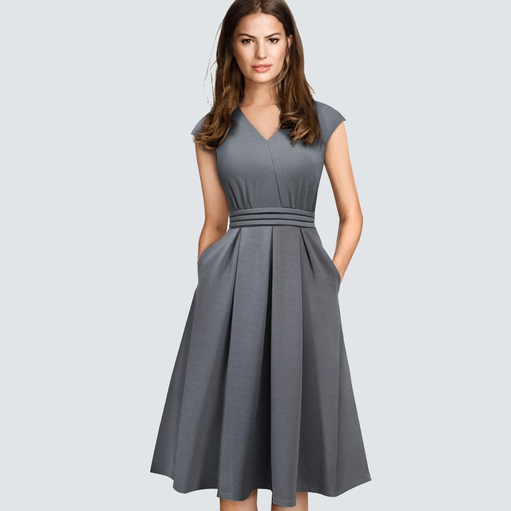 Spring Elegant Casual Brief Design V-Neck A-Line Vintage Side pocket Modern Dress HA196