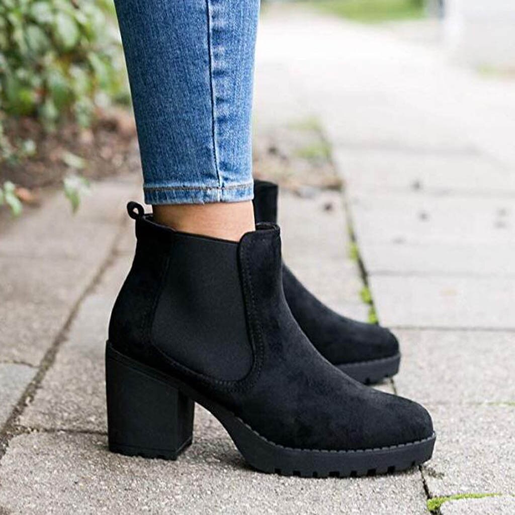 High heel boots Fashion Women Square Heels Slip-On Solid Color 8cm Non-slip Short Boot Round Toe Women Shoes Women's boots #40
