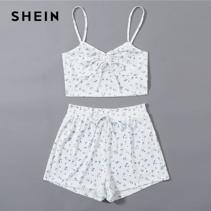 SHEIN White Ruched Knot Front Ditsy Floral Crop Cami Top and Shorts PJ Set Women Summer Rib-Knit Sleepwear Casual Pajama Sets