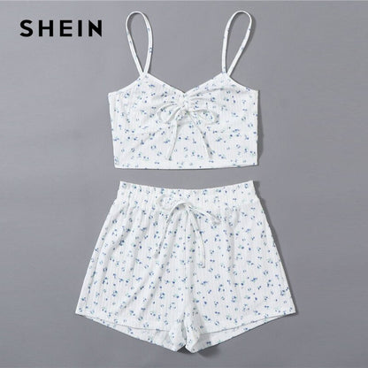 SHEIN White Ruched Knot Front Ditsy Floral Crop Cami Top and Shorts PJ Set Women Summer Rib-Knit Sleepwear Casual Pajama Sets