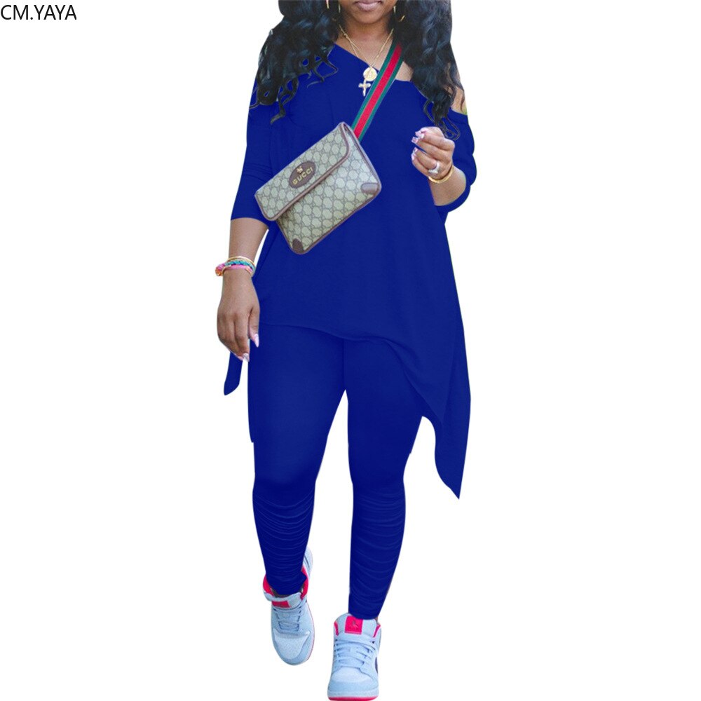 CM.YAYA Women Off Shoulder Irregular Long Sleeve Tops Stacked Pants Suit Active Wear Tracksuit Two Piece Set Fitness Outfits