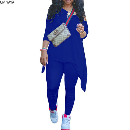 CM.YAYA Women Off Shoulder Irregular Long Sleeve Tops Stacked Pants Suit Active Wear Tracksuit Two Piece Set Fitness Outfits