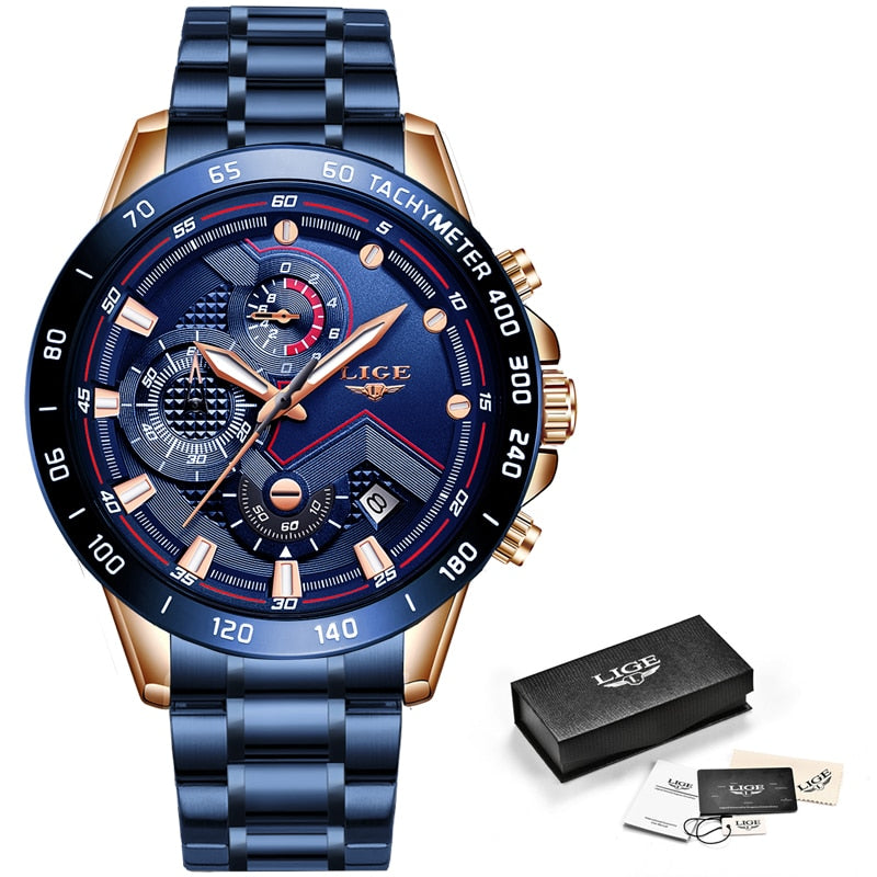 LIGE 2020 New Fashion Mens Watches with Stainless Steel Top Brand Luxury Sports Chronograph Quartz Watch Men Relogio Masculino