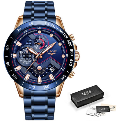 LIGE 2020 New Fashion Mens Watches with Stainless Steel Top Brand Luxury Sports Chronograph Quartz Watch Men Relogio Masculino