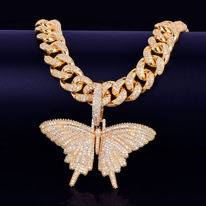 With 14MM Cuban Chain Gold Color Animal butterfly Pendant Necklace Bling AAA Zircon Men's Hip Hop Jewelry For Gift