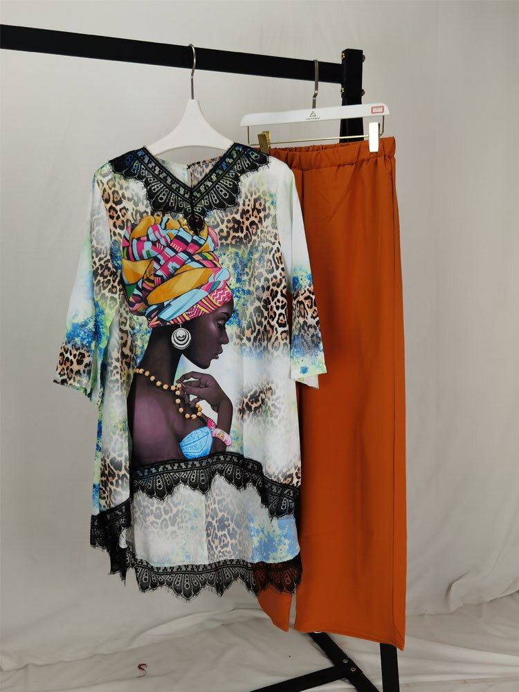 African New Fashion Lace Collar Suit (Dress and Trousers)Bat SLeeve Suit Oversized African For Lady(KSTZ1#)