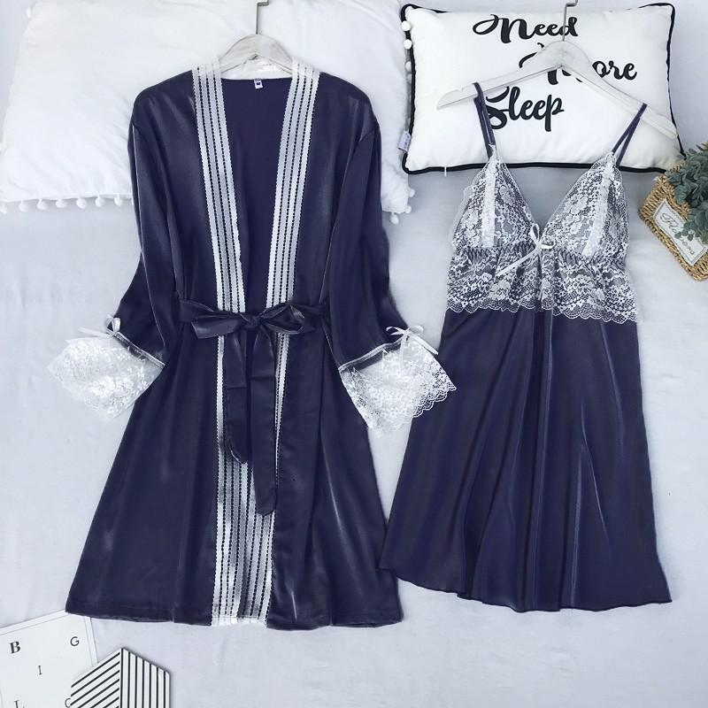 Satin Lace 5PCS Sleep Set Sexy Kimono Bathrobe Gown Female Robe Silky Nightwear Intimate Lingerie Casual Nightgown Sleepwear