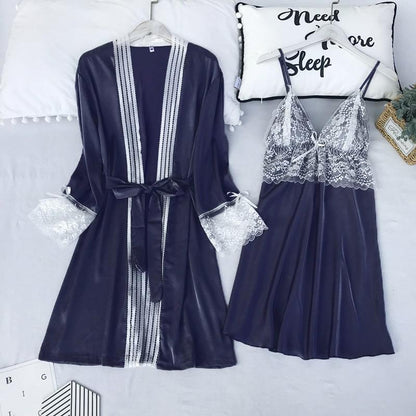 Satin Lace 5PCS Sleep Set Sexy Kimono Bathrobe Gown Female Robe Silky Nightwear Intimate Lingerie Casual Nightgown Sleepwear